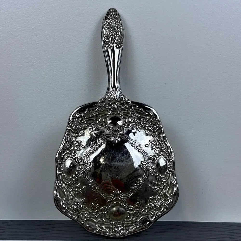VINTAGE SILVERPLATE VICTORIAN STYLE VANITY HAND HELD MIRROR RAISED FLORAL DESIGN